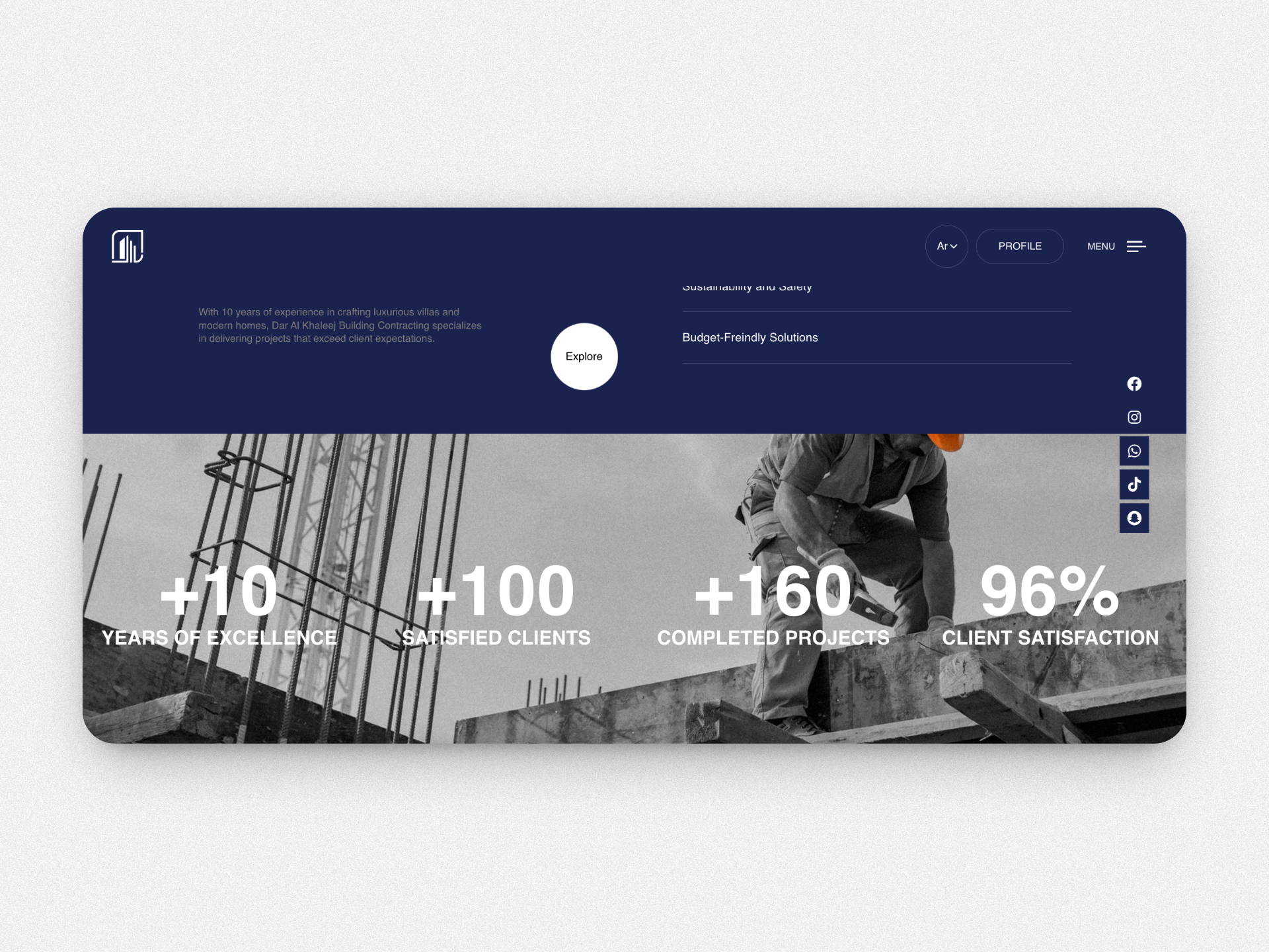 Original corporate website hero and statistics section