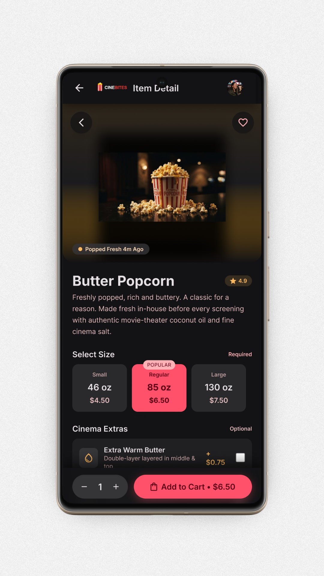Snack Ordering App Product Details screen