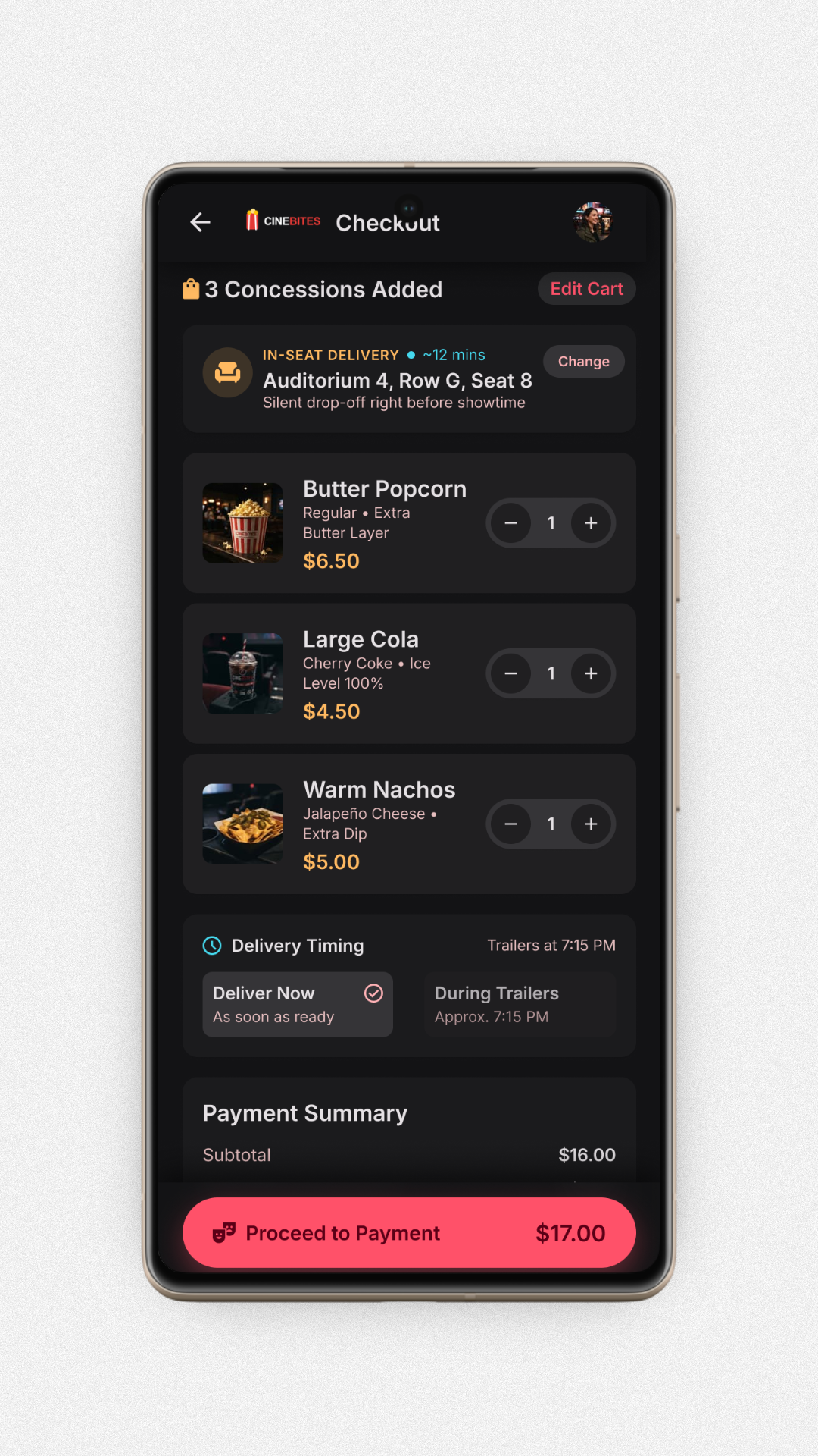 Snack Ordering App Checkout screen