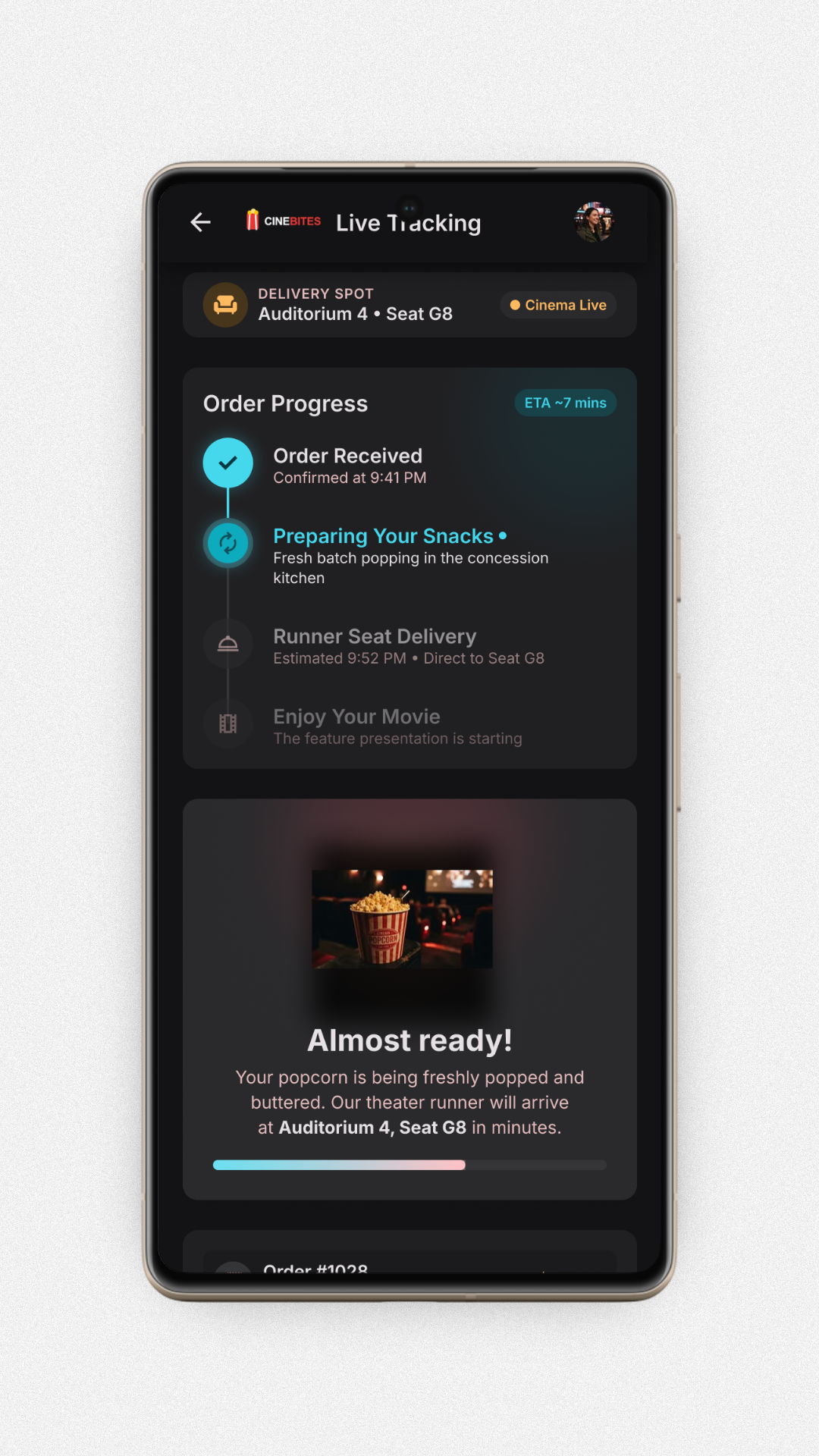 Snack Ordering App Order Tracking screen