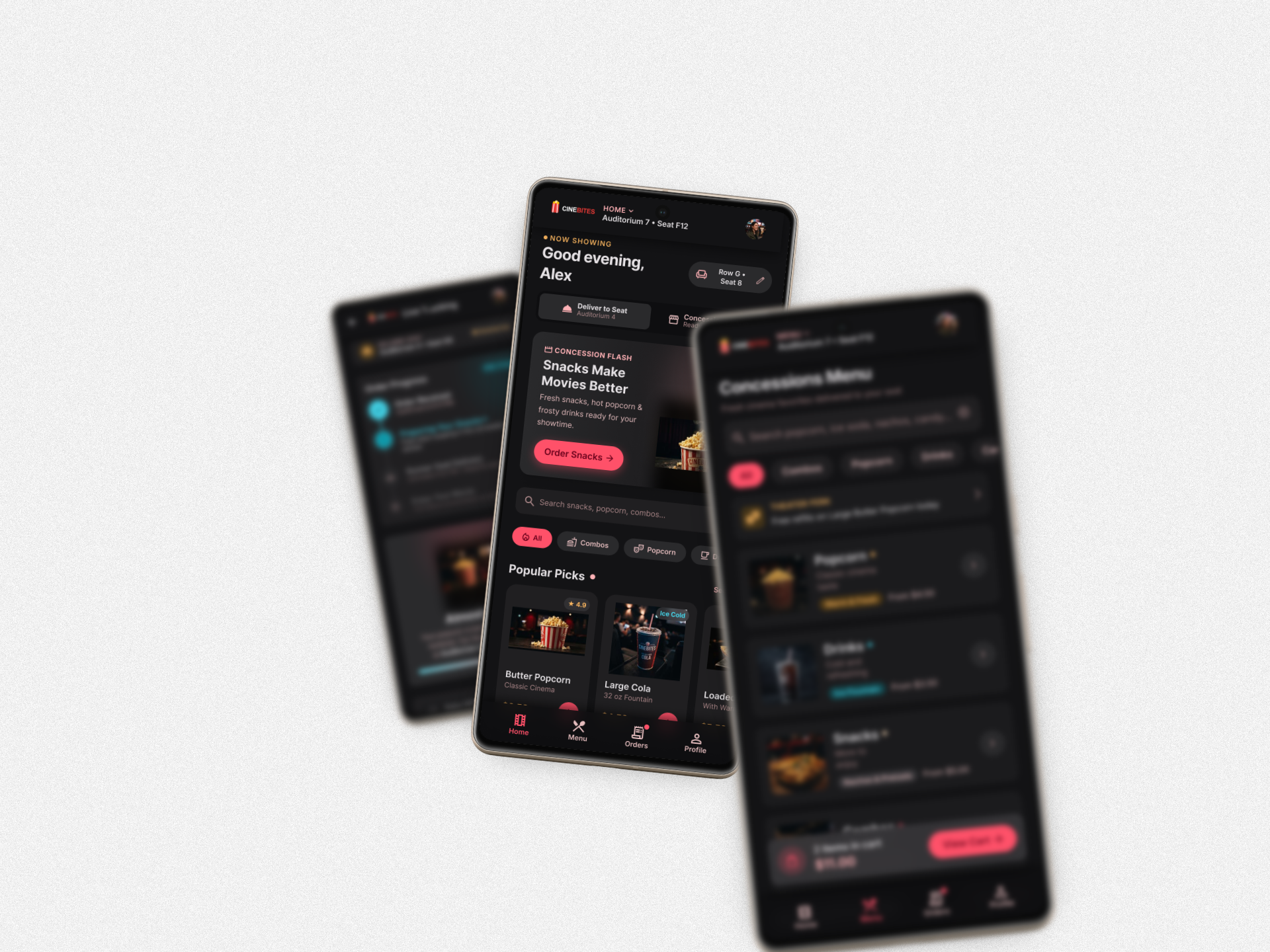 Snack ordering mobile app screens