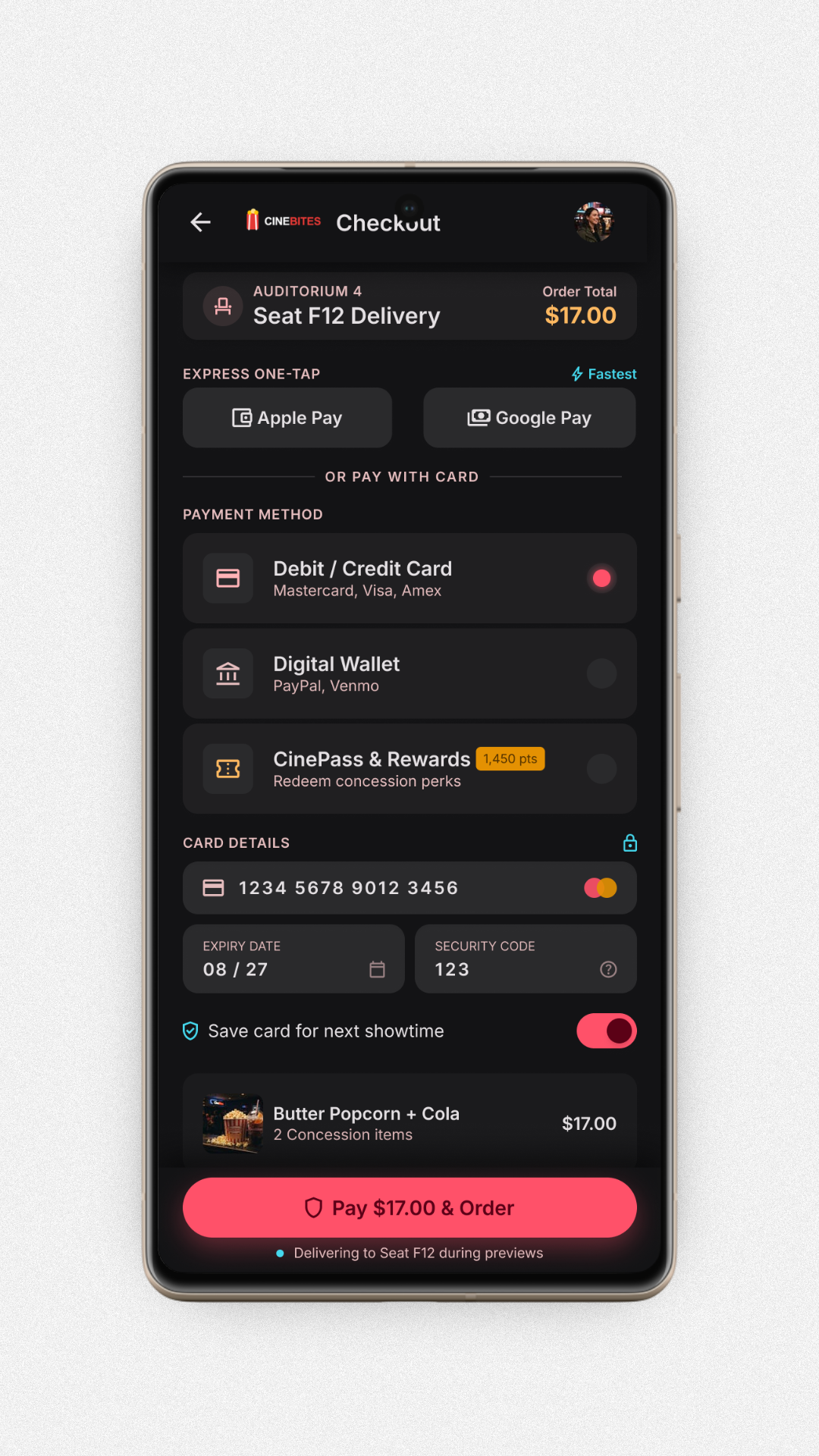 Snack Ordering App Payment screen