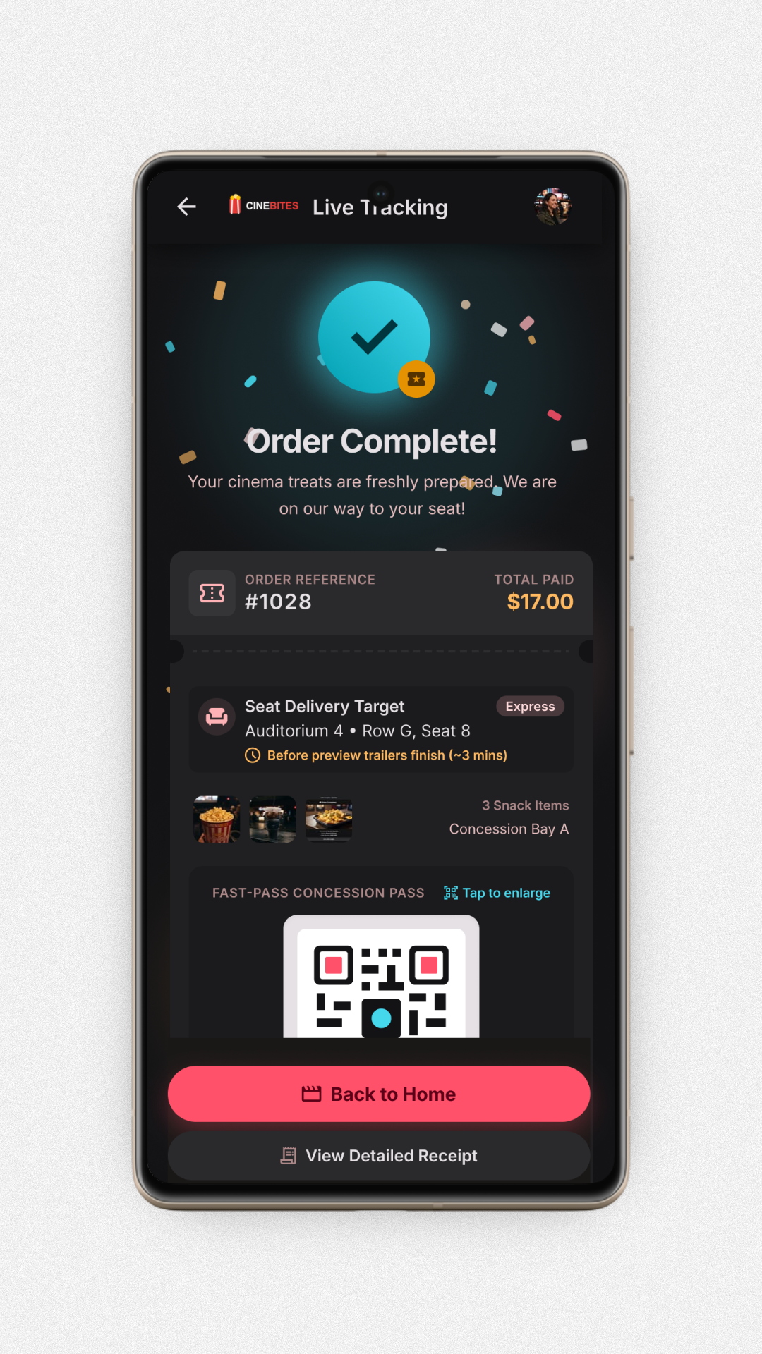 Snack Ordering App Order Complete screen