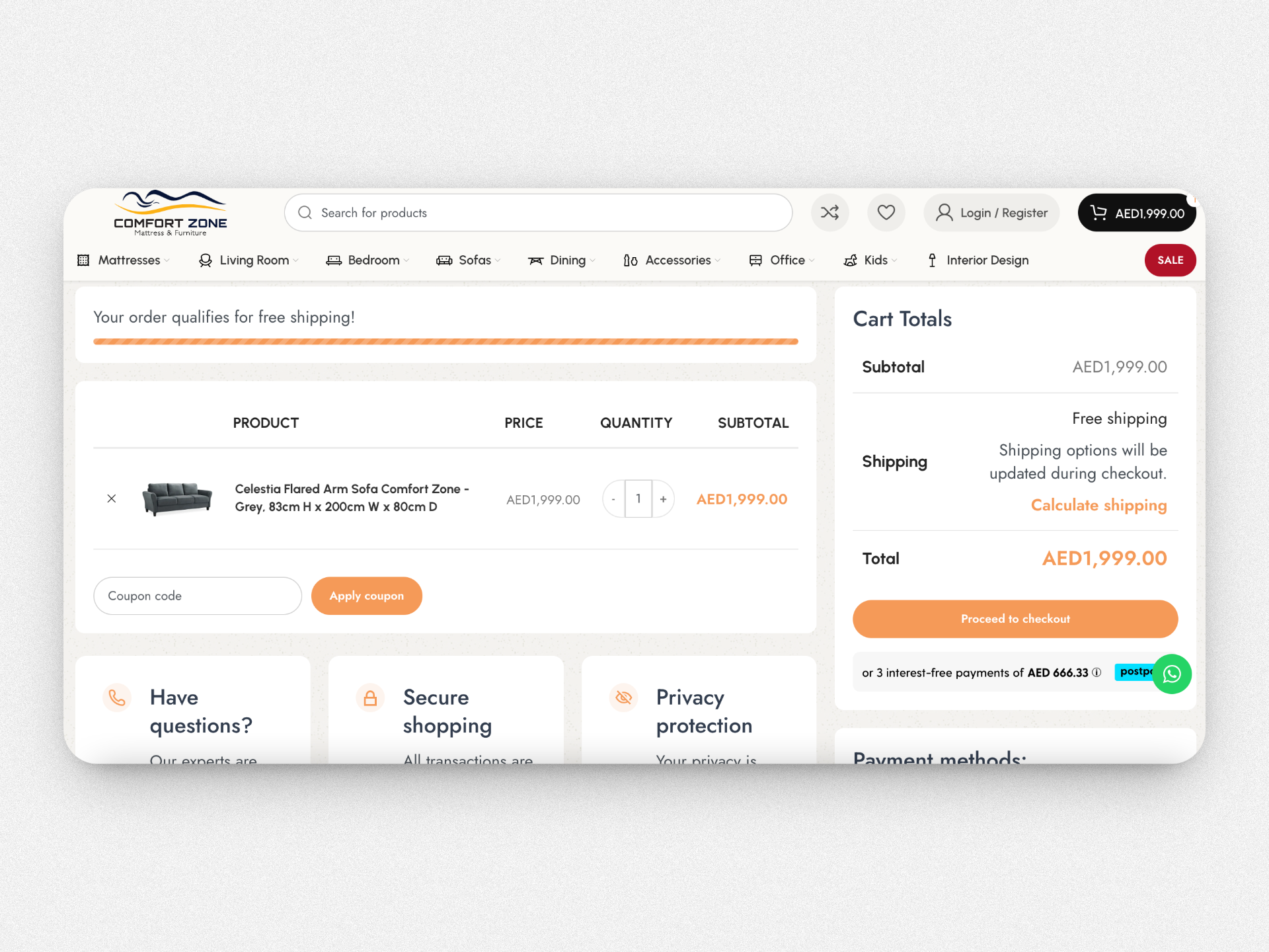 Comfort Zone e-commerce shopping cart and checkout page