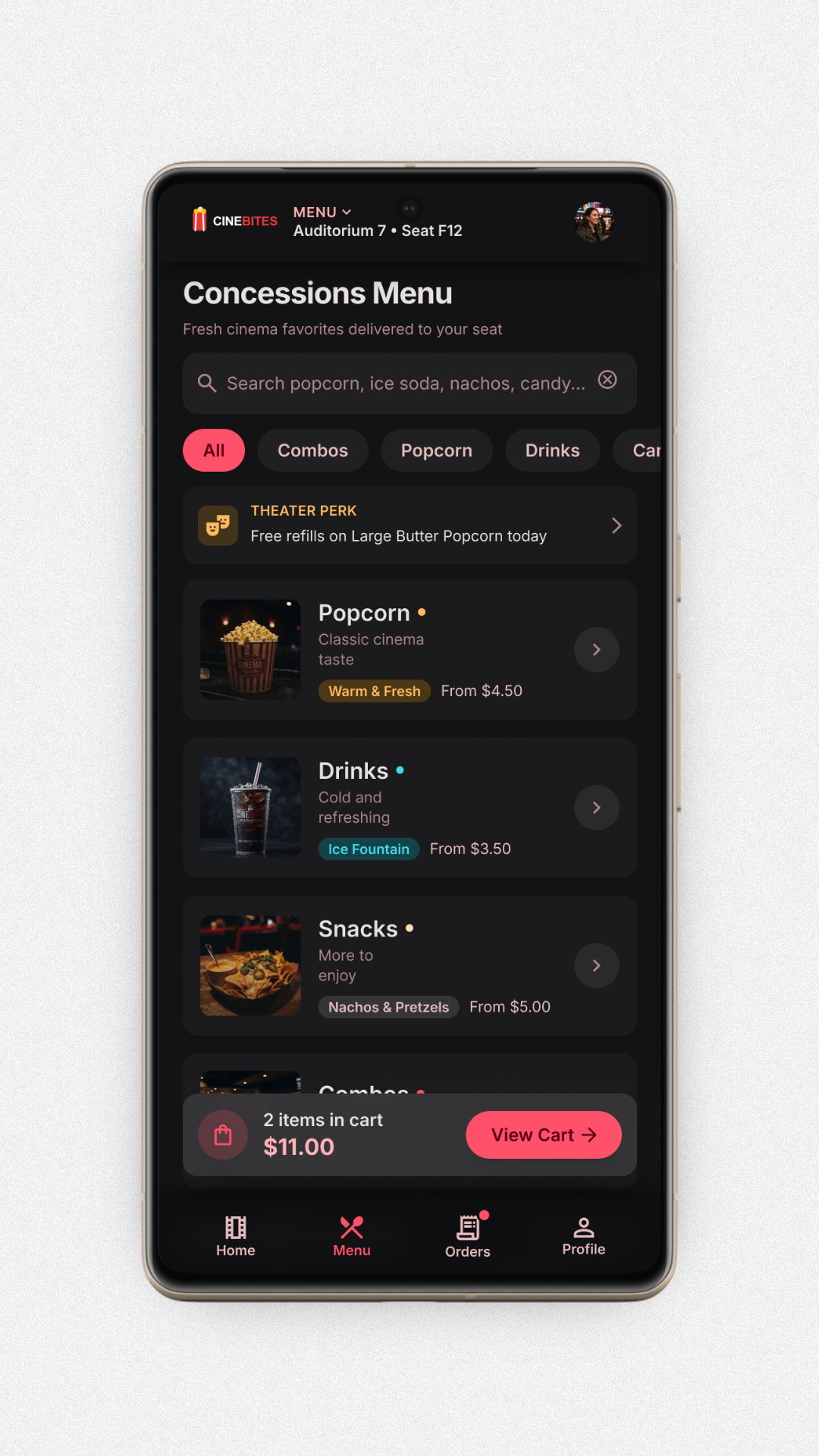 Snack Ordering App Menu screen