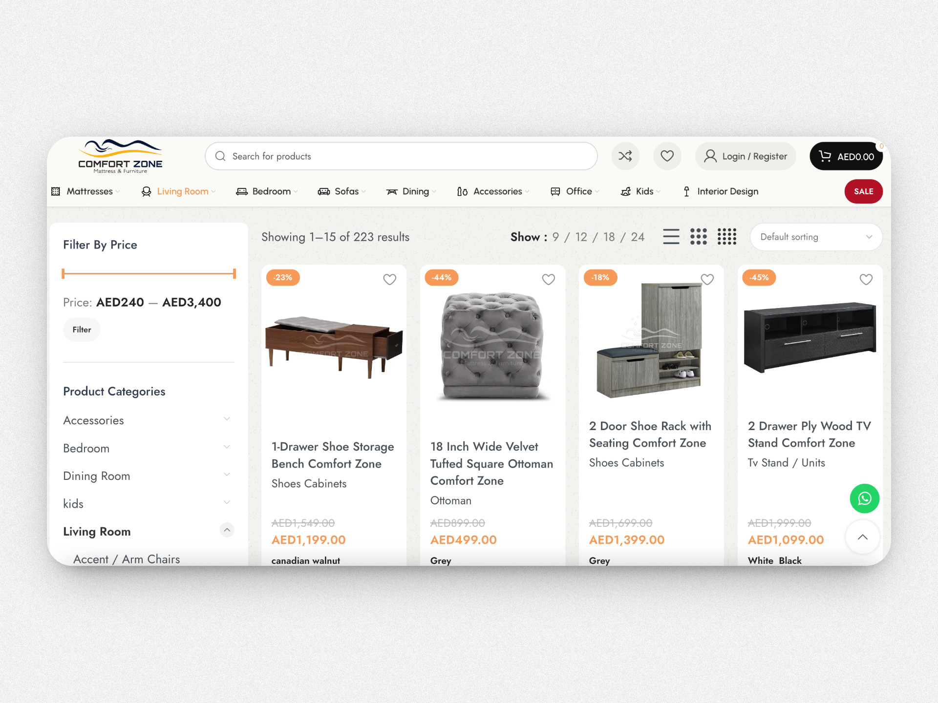 Comfort Zone e-commerce product listing page with filters and product grid