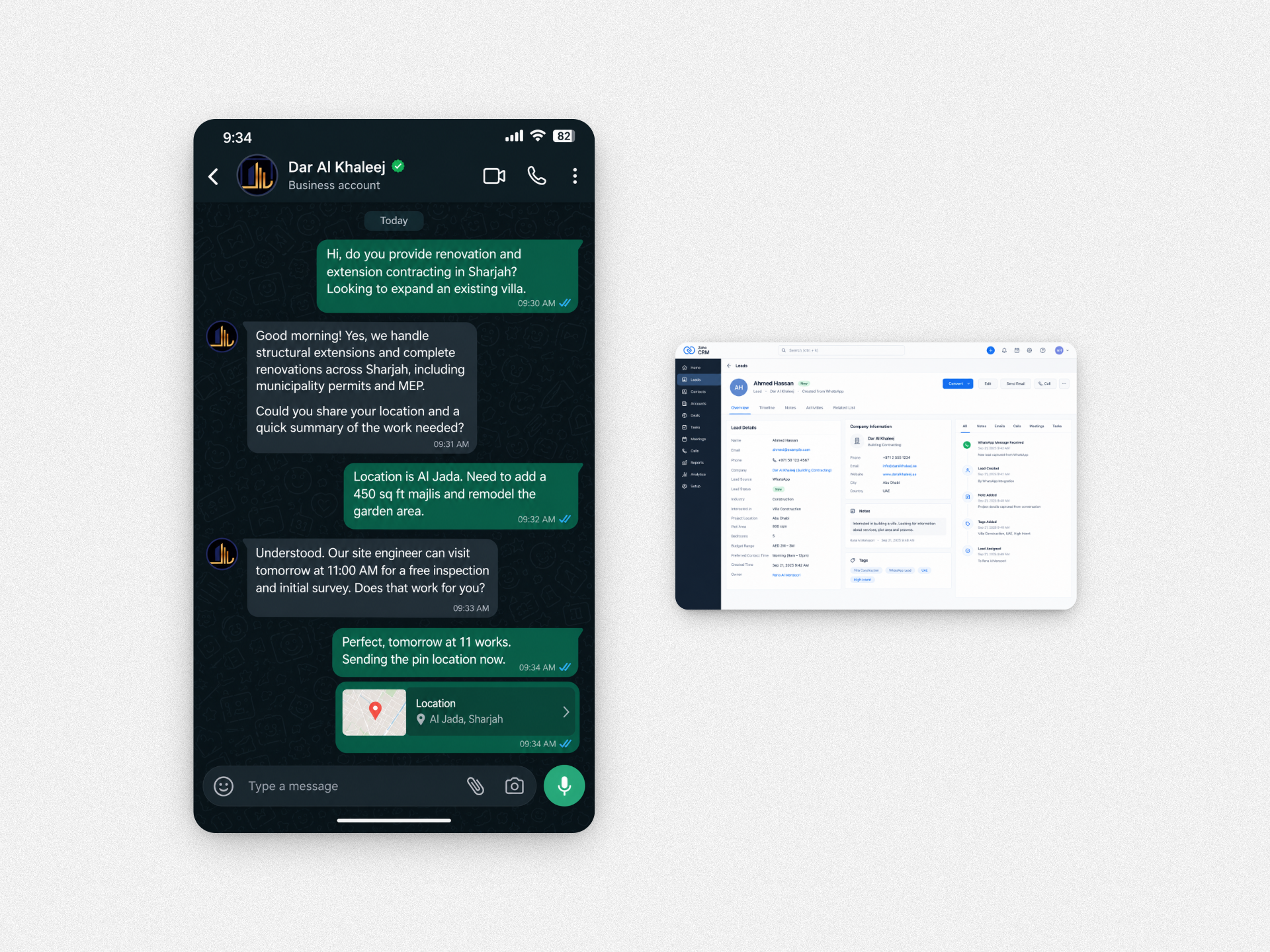 WhatsApp AI assistant conversation and the Zoho CRM lead record it creates