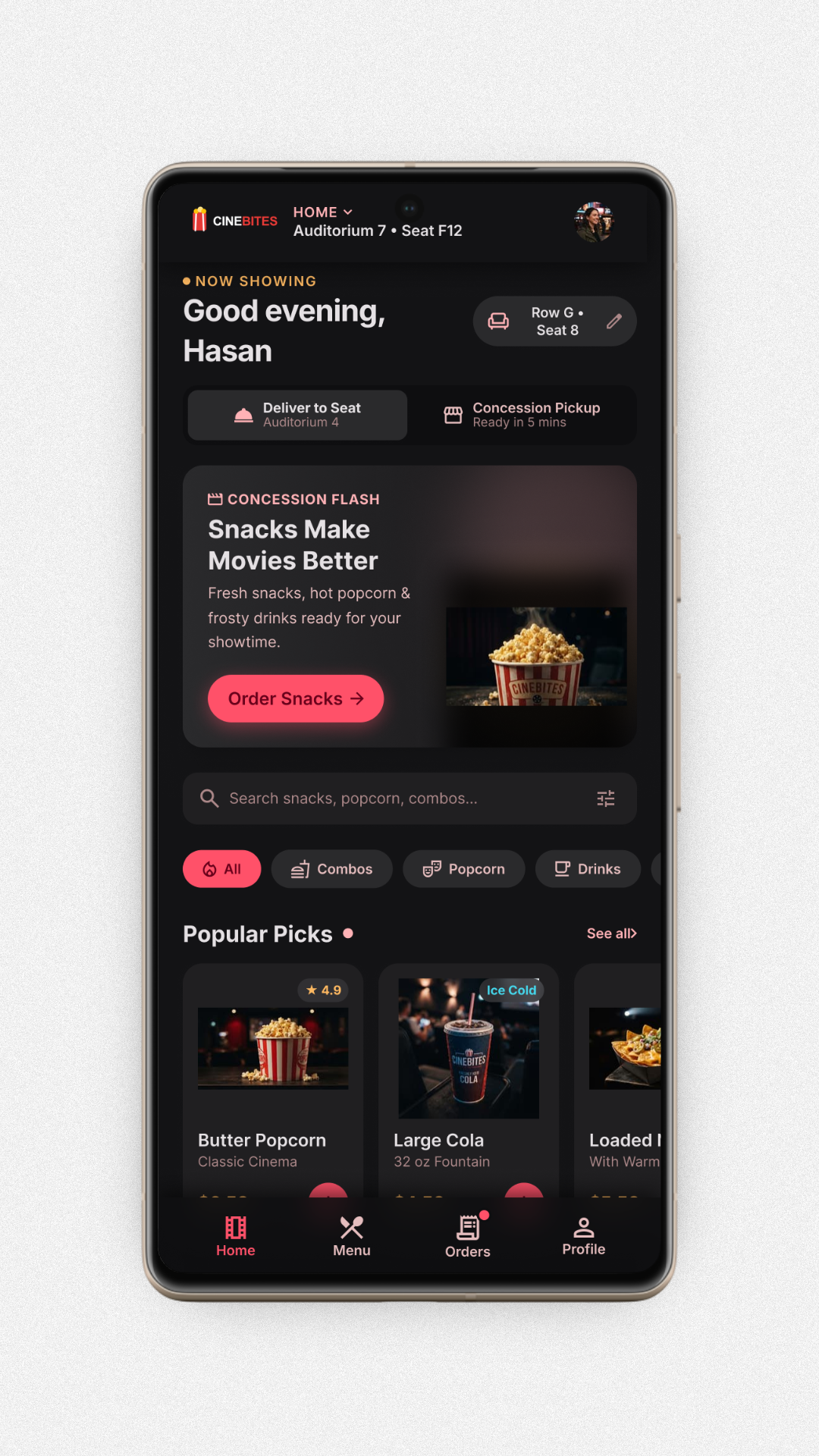 Snack Ordering App Home screen